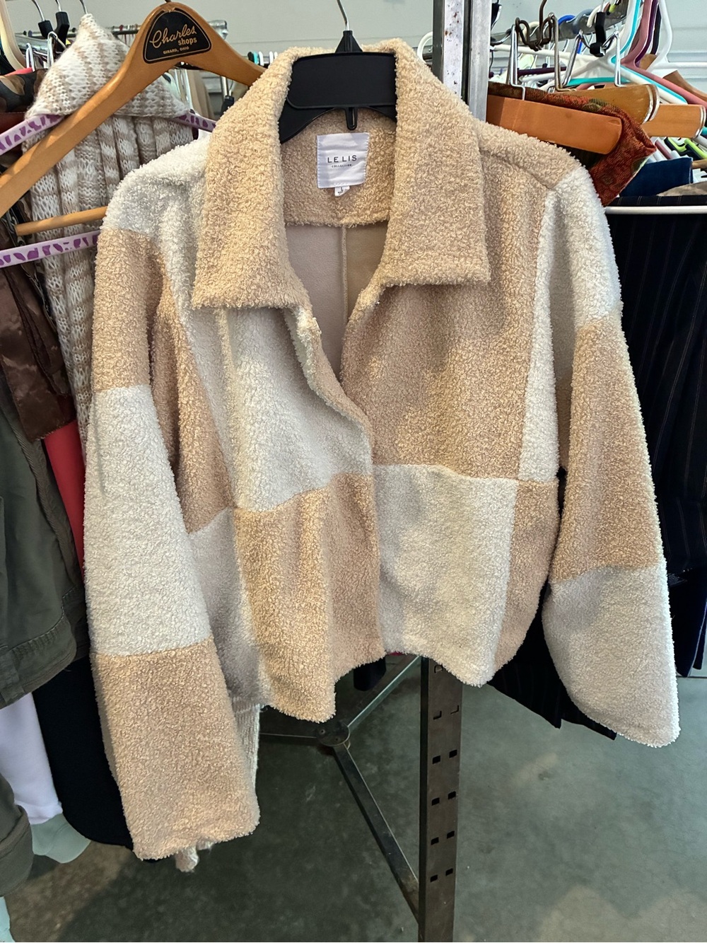 Le Lis Cream and Tan Patchwork Shearling Jacket